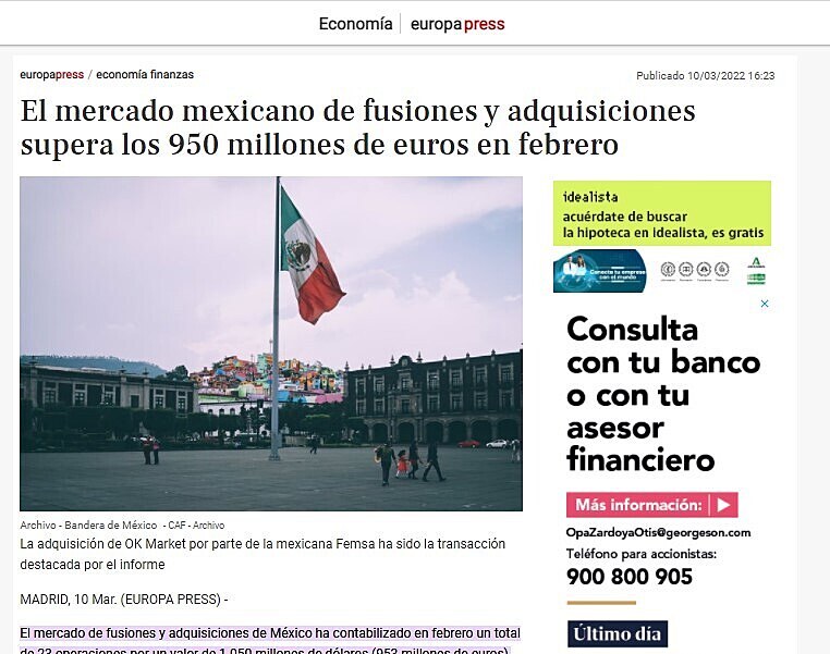 El mercado mexicano de fusiones y adquisiciones supera los 950 millones de euros en febrero